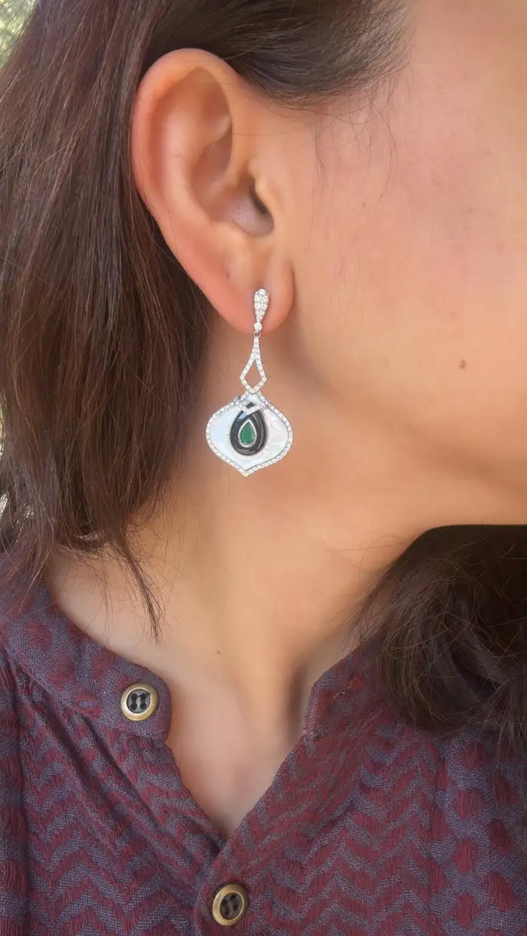 18k White Gold Zambian Emerald Dangle Earrings - Natural Diamond, Black Onyx & Pearl Wedding Earrings