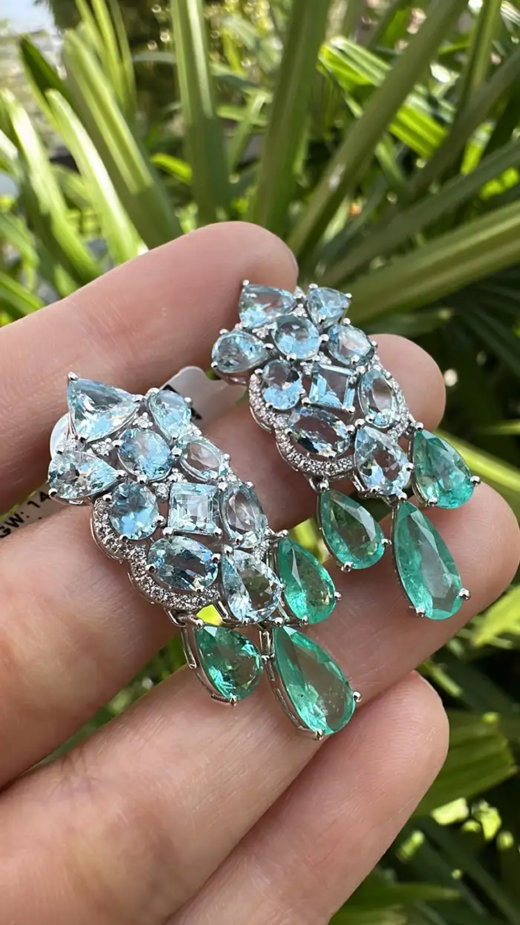 Natural Aquamarine & Colombian Emerald Dangle Earrings - 18k White Gold Diamond Wedding Earrings