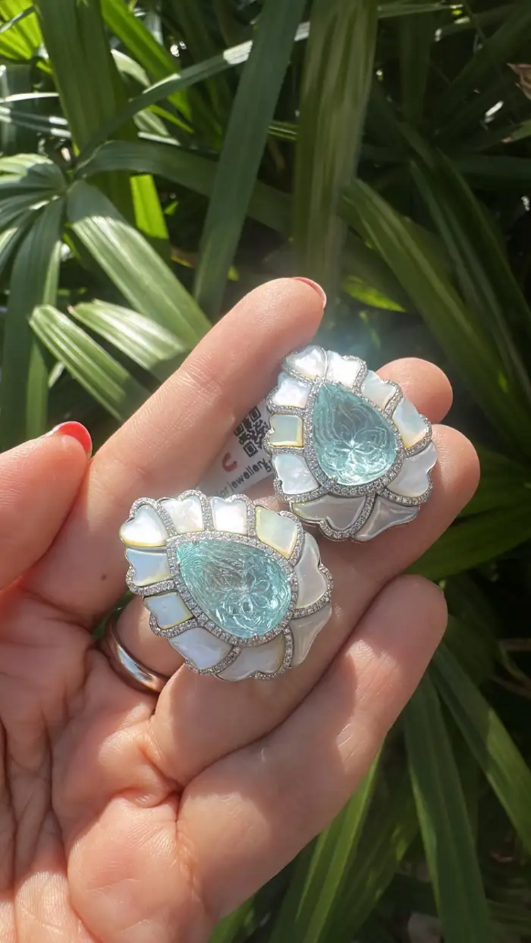 18k White Gold Handmade Diamond Stud Earrings - Pear Shape Carved Aquamarine & Pearl Stud Earrings