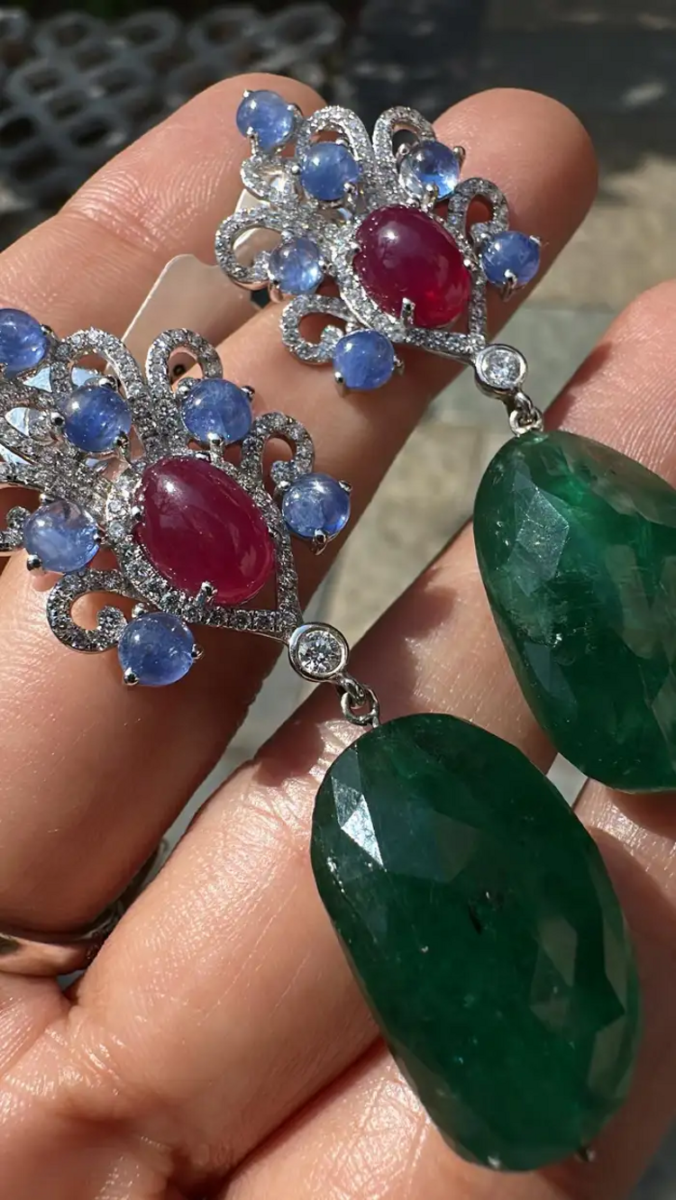18k White Gold Diamond Dangle Earrings - Natural Blue Sapphire, Mozambique Ruby & Zambian Emerald Tumble Earrings