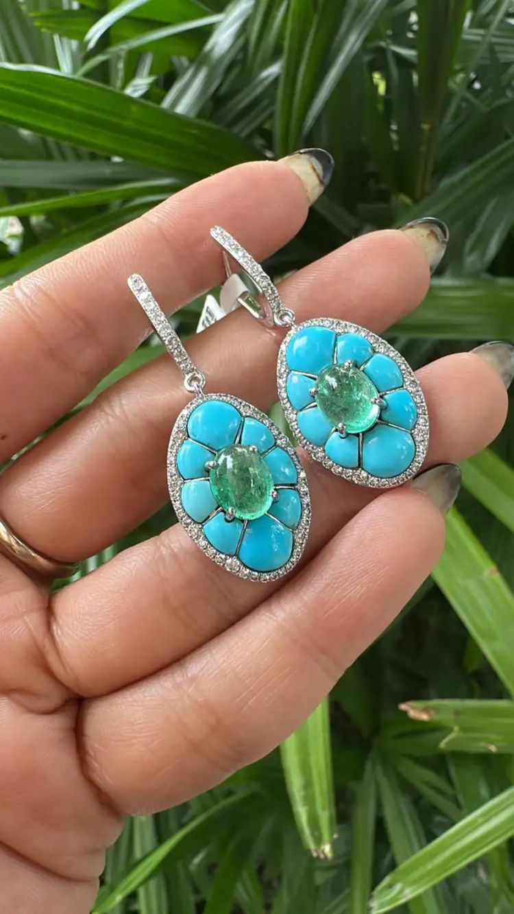 18k White Gold Diamond Dangle Earrings - Natural Emerald & Turquoise Gemstone Earrings