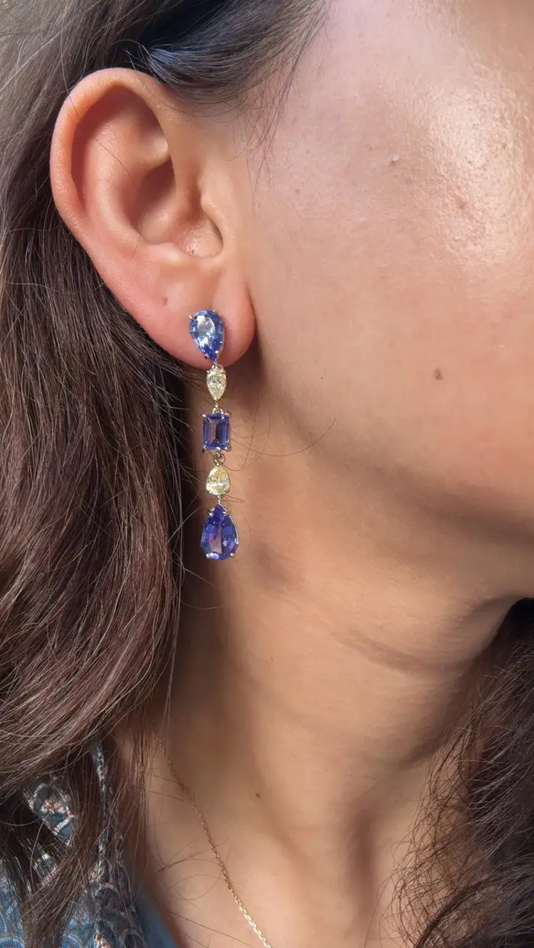 18k White Gold Diamond Dangle Earrings - Natural Tanzanite & Yellow Diamond Earrings