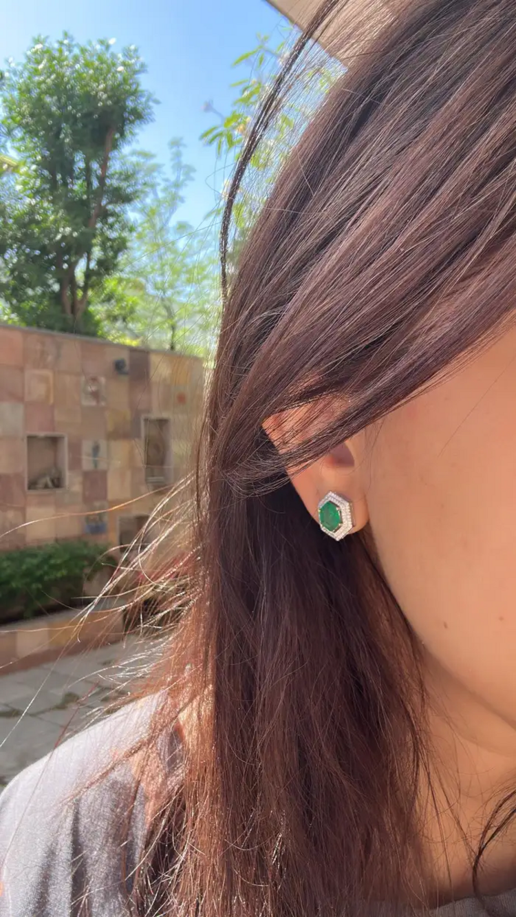 Natural Zambian Emerald Stud Earrings - 18k White Gold Diamond Tiny Stud Earrings