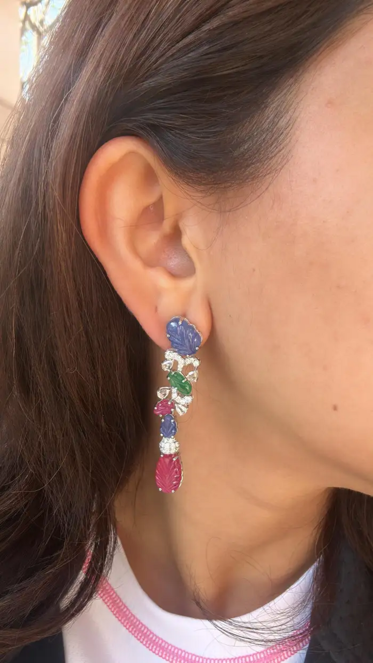 Natural Blue Sapphires, Emeralds, Rubies & Diamonds Chandelier Earrings - 18k White Gold Earrings