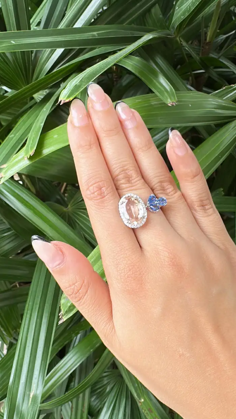 Natural Morganite, Blue Sapphire & Diamond Cocktail Ring - 18k White Gold Diamond Ring