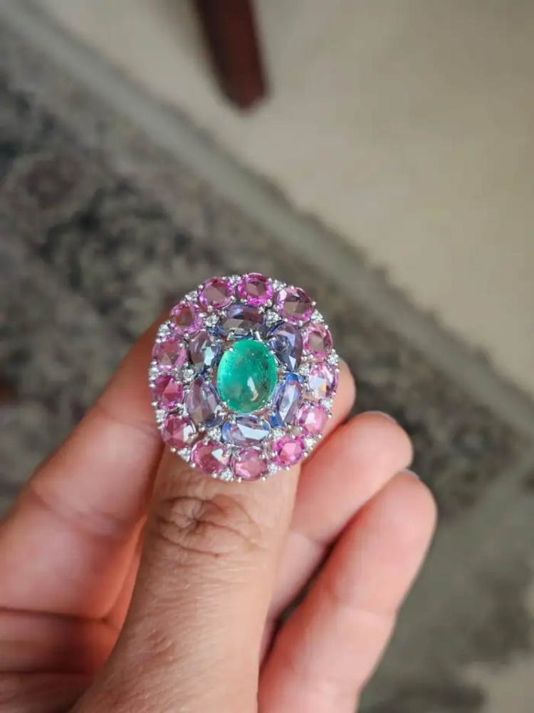 Colombian Emerald & Diamond Cocktail Ring - 18k White Gold Pink & Blue Sapphire Statement Ring