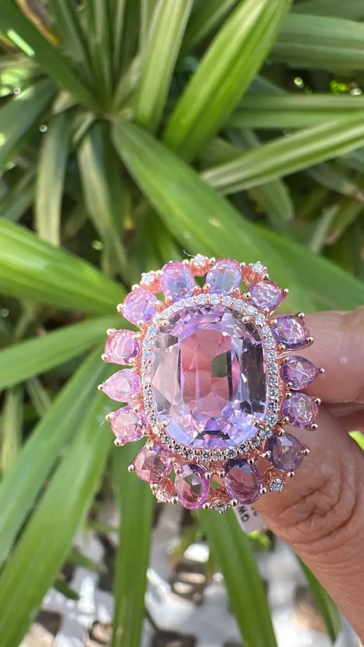 Natural Kunzite & Pink Sapphire Cocktail Wedding Ring - 18k Rose Gold Diamond Statement Ring
