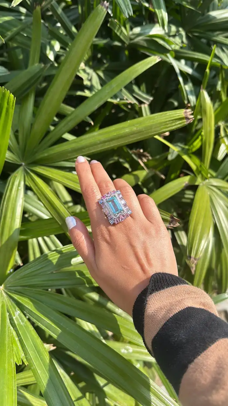 Natural Aquamarine & Multi Sapphire Gemstone Statement Ring - 18k White Gold Diamond Wedding Ring