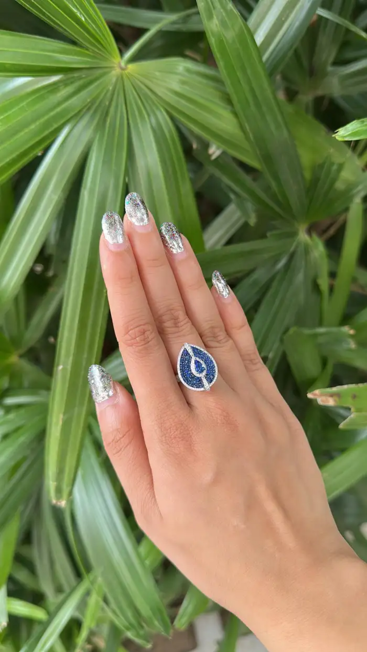 18k White Gold Diamond Handmade Ring - Natural Blue Sapphire Cocktail Ring