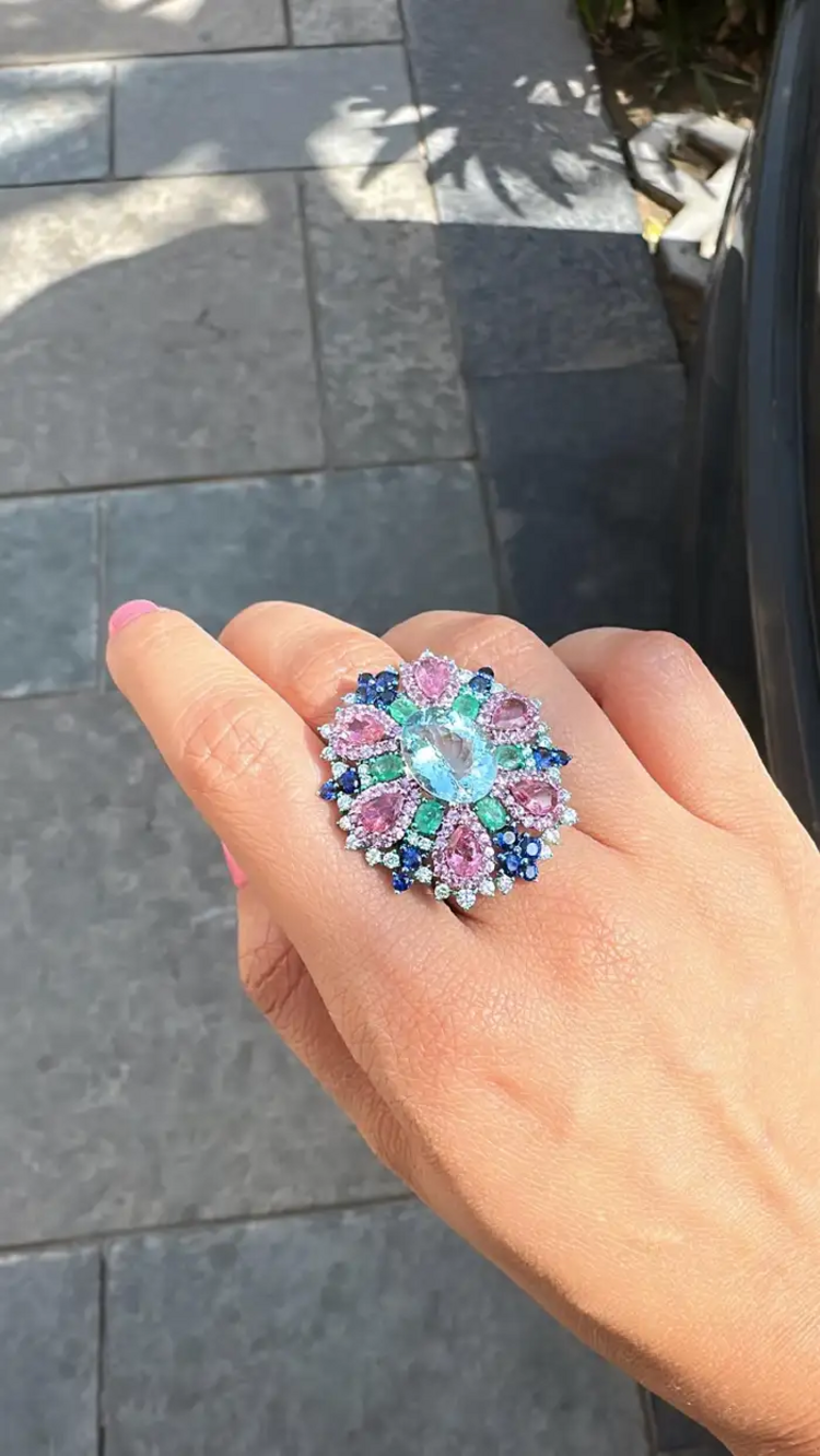 Natural Aquamarine, Sapphires & Emerald Statement Ring - 18k White Gold Diamond Wedding Ring