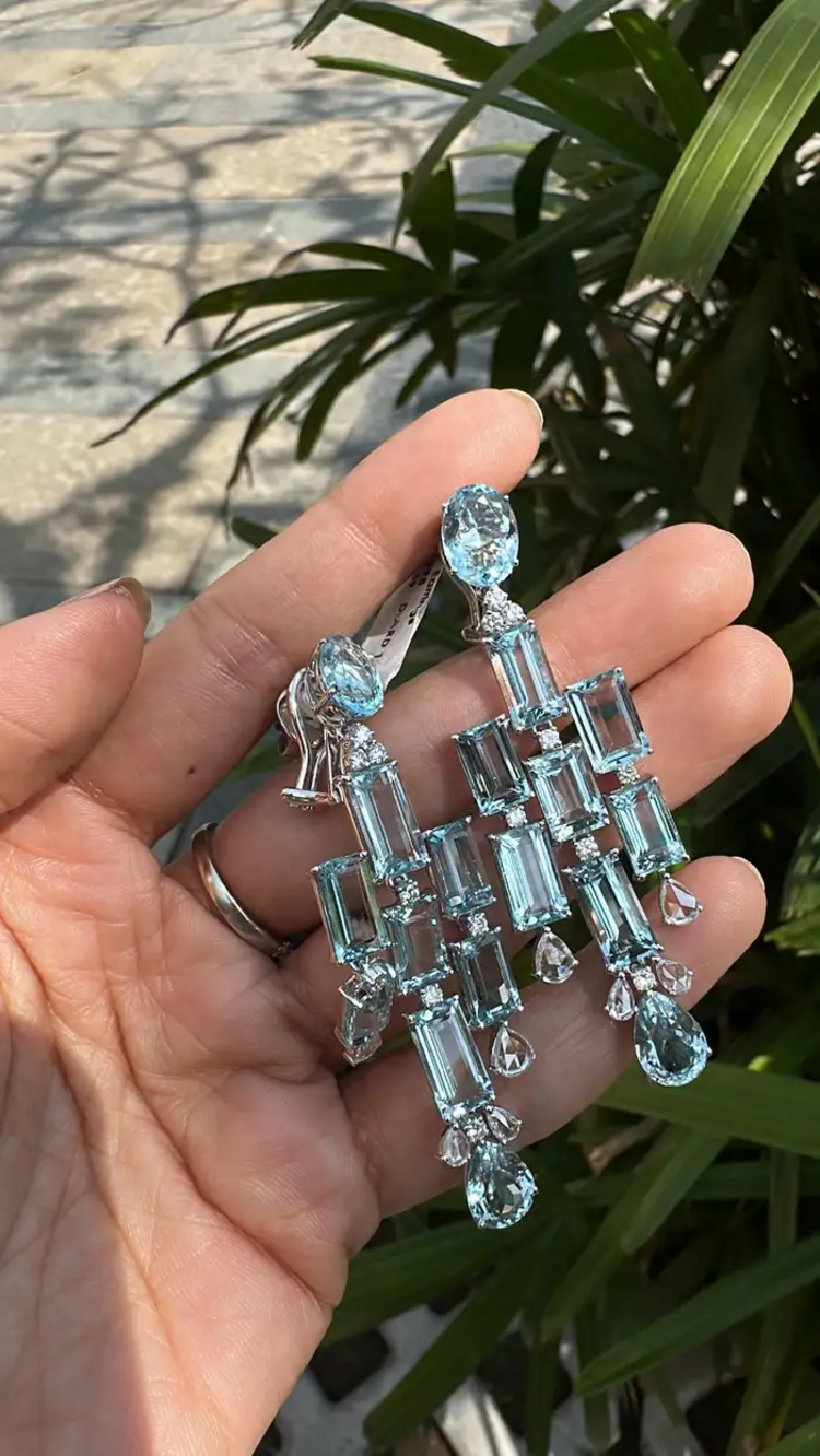 Natural Aquamarine Gemstone Chandelier Earrings - 18k White Gold Diamond Handmade Dangle Earrings