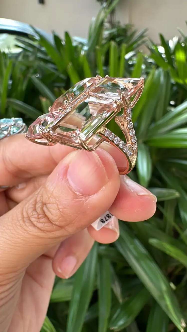 Natural Morganite Gemstone Cocktail Ring - 18k Rose Gold Diamond Ring