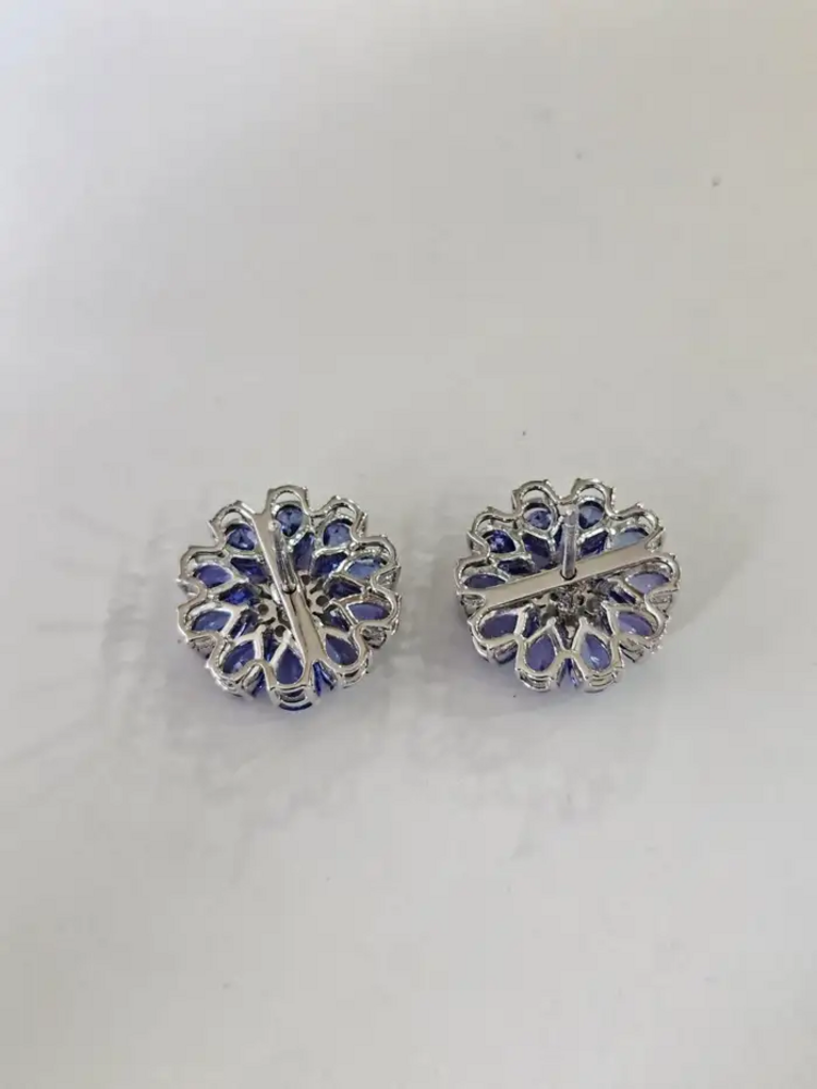 18k White Gold Diamond Stud Earrings - Natural Tanzanite & Rose Cut Diamonds Earrings