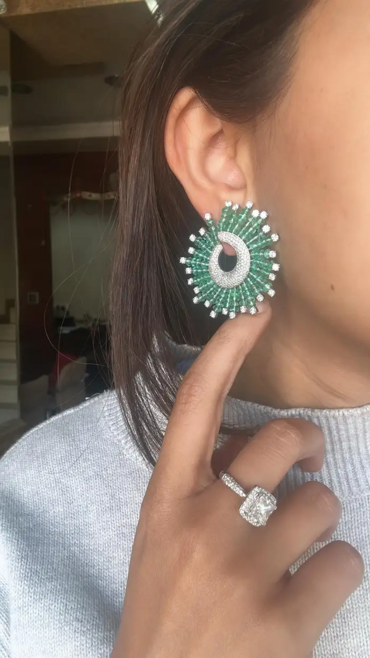 Natural Zambian Emerald Beads Earrings - 18k White Gold Diamond Stud Hoop Wedding Earrings