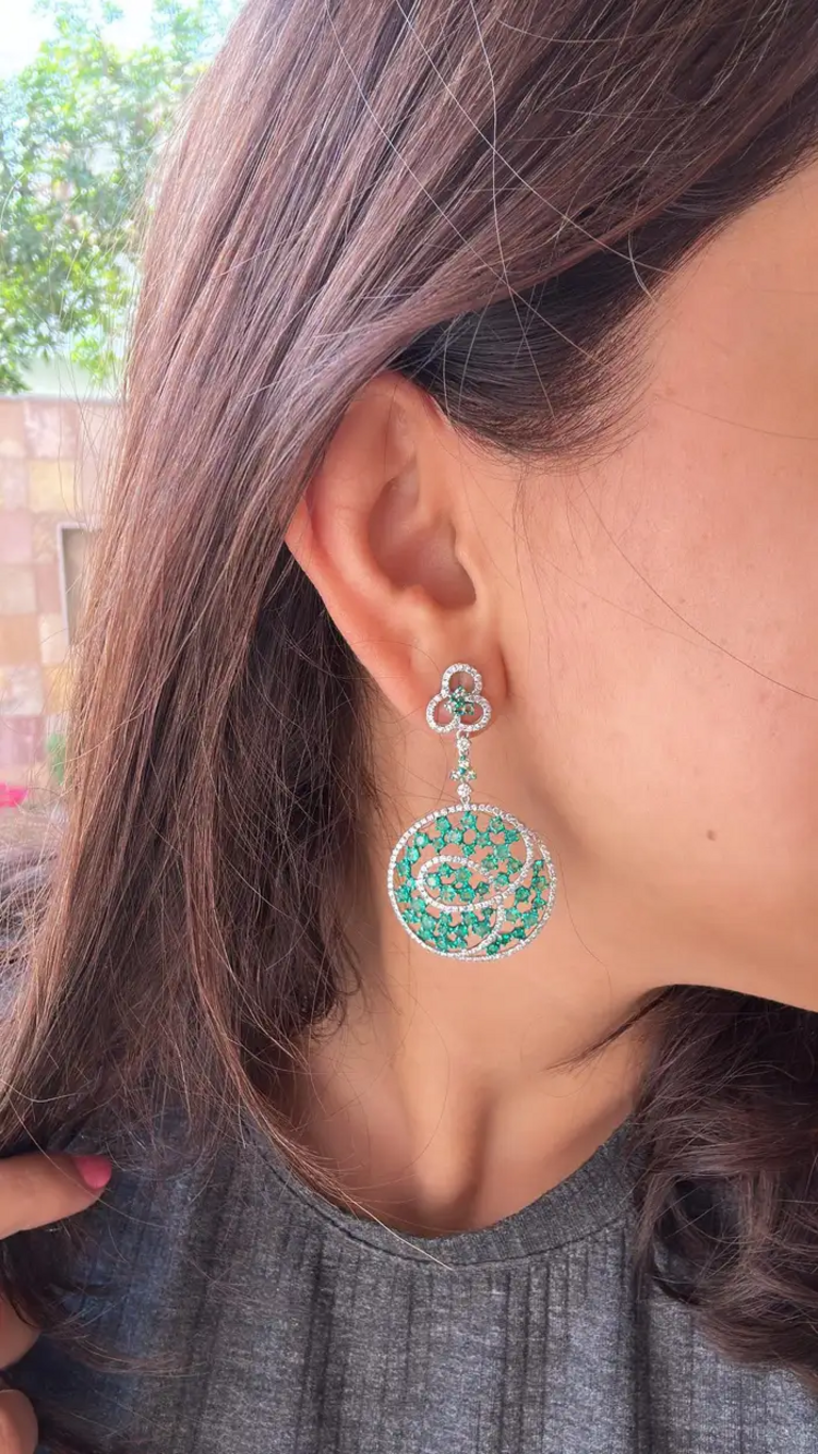 Natural Colombian Emerald Dangle Earrings - 18k White Gold Diamond Chandelier Earrings