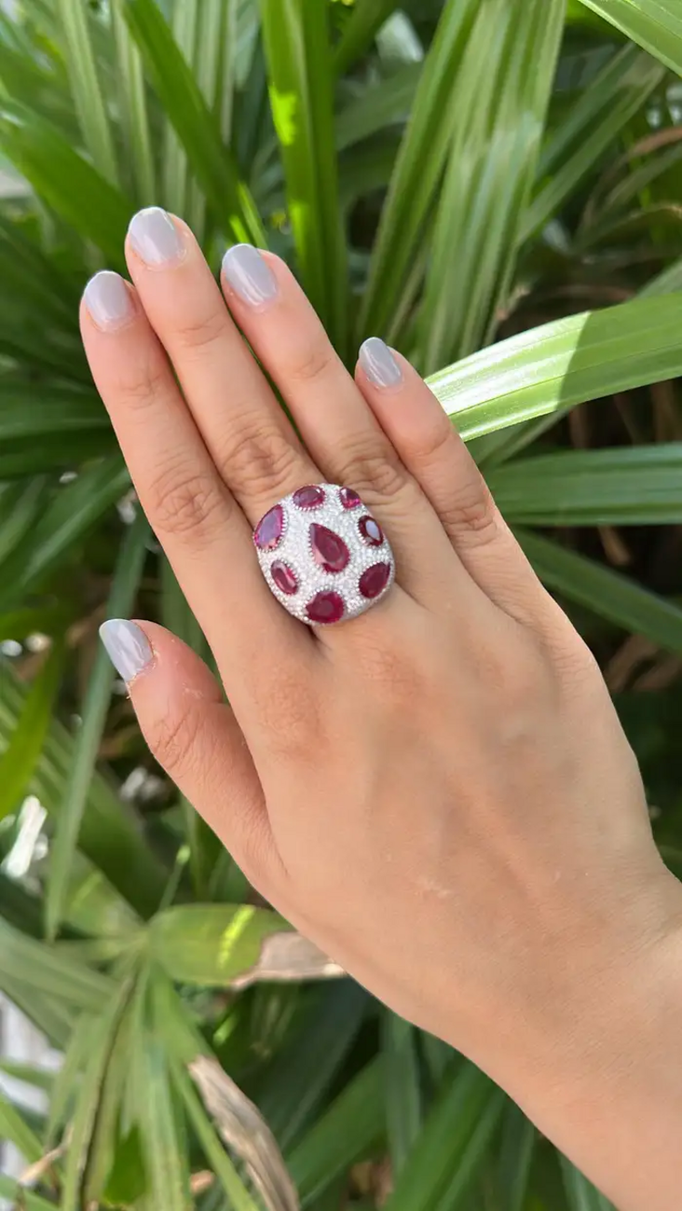 Natural Mozambique Ruby & Diamond Dome Ring - 18k White Gold Handmade Statement Ring
