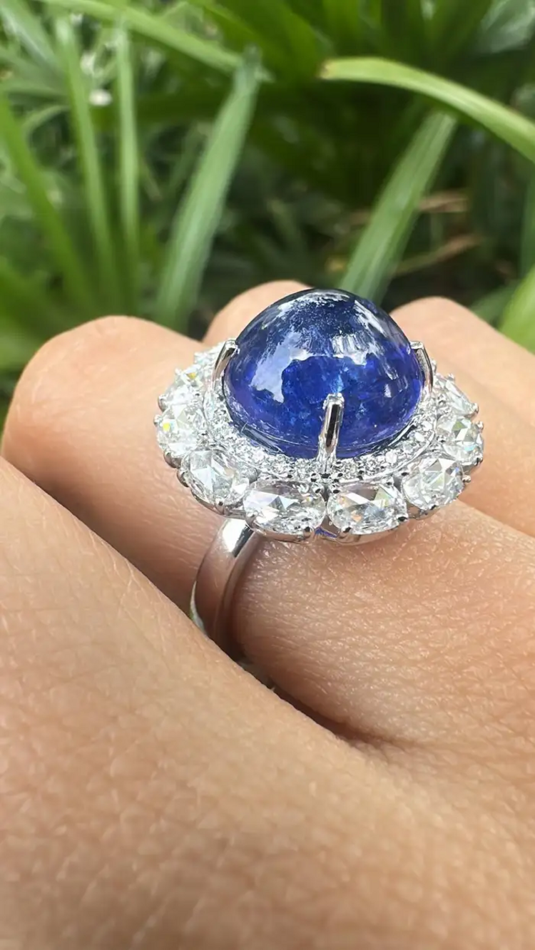Natural Round Tanzanite & Rose Cut Diamond Cocktail Ring - 18k White Gold Anniversary Gift Ring