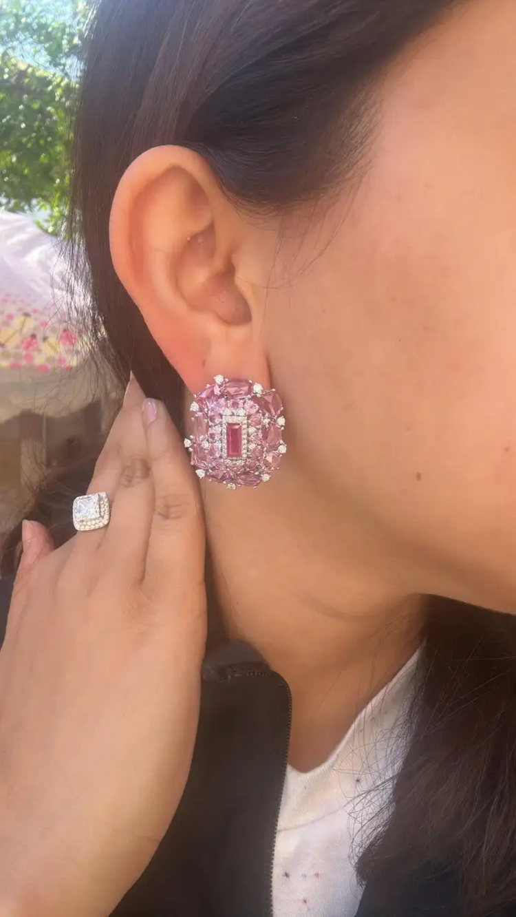 Natural Mozambique Ruby & Ceylon Pink Sapphire Stud Earrings - 18k White Gold Diamond Earrings