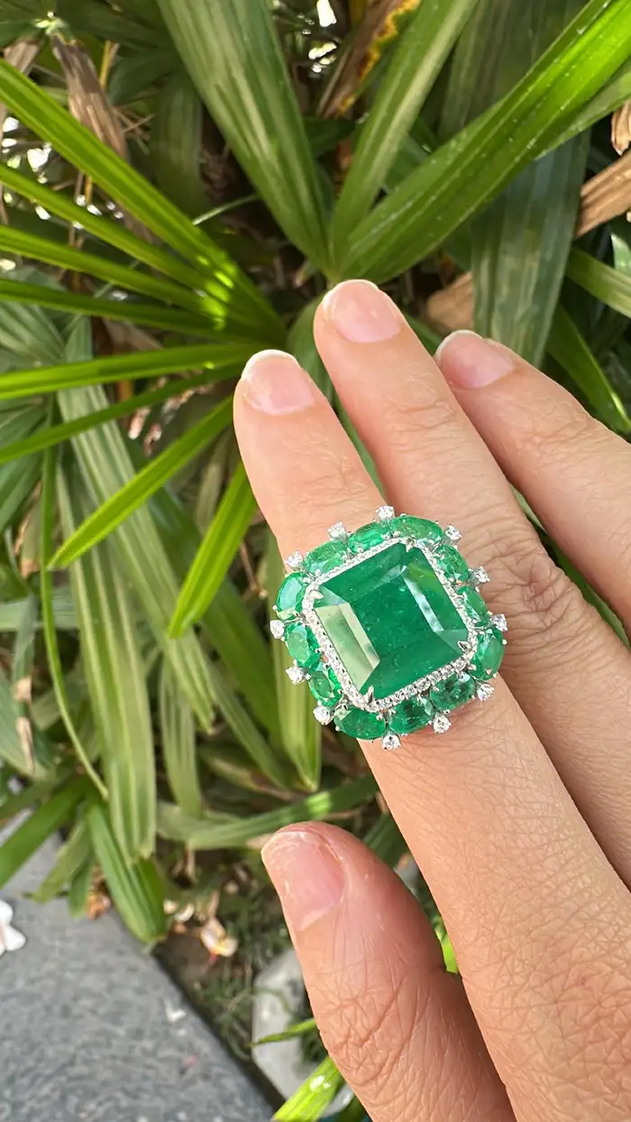 Natural Zambian Emerald & Diamond Wedding Anniversary Ring - 18k White Gold Handmade Women Ring