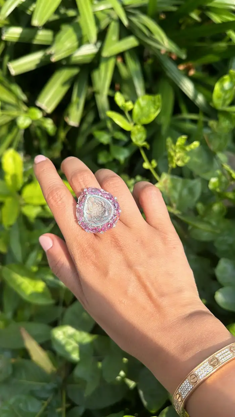 Carved Aquamarine & Pink Sapphire Gemstone Handmade Ring - Solid 18k White Gold Diamond Statement Ring