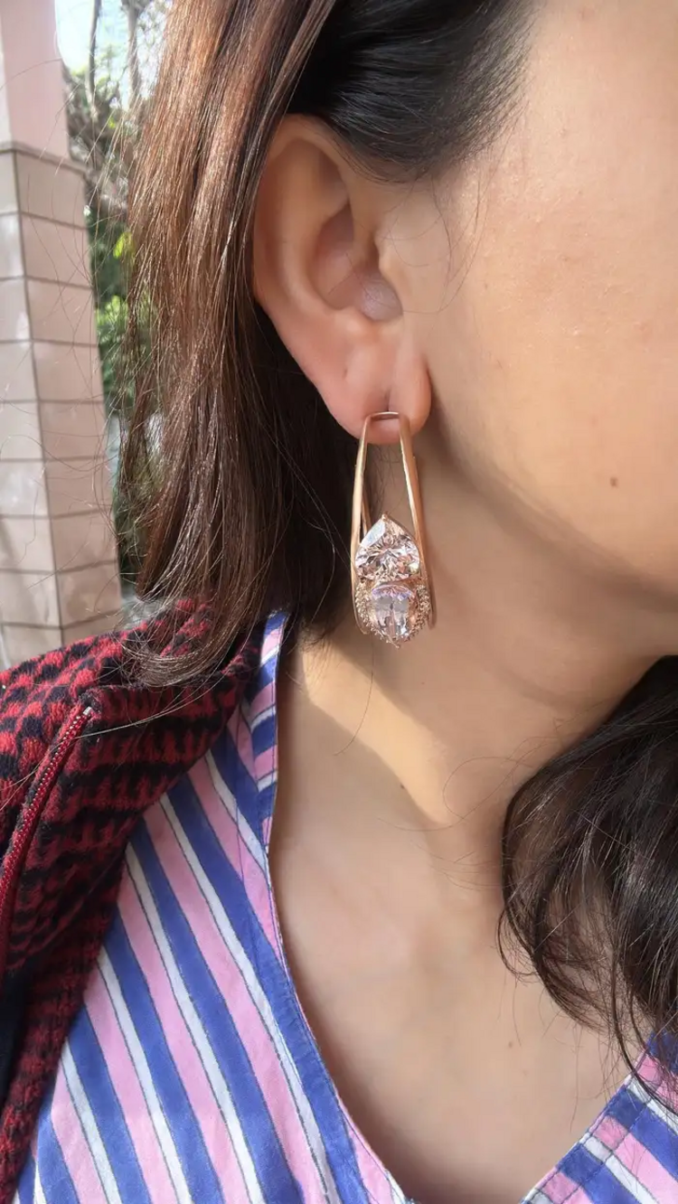 18k Yellow Matte Gold Hoop Earrings - Natural Morganite & Diamond Earrings