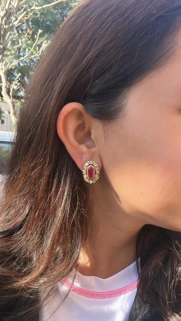 18k Rose Gold Yellow Diamond Stud Earrings - Natural Mozambique Ruby Tiny Earrings