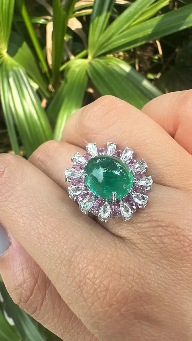 Solid 18k White Gold Handmade Cocktail Ring - Natural Zambian Emerald & Pink Sapphire Ring
