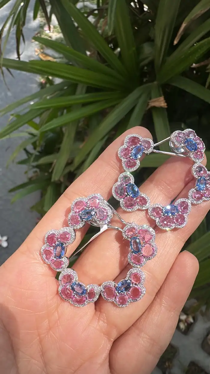 Natural Ceylon Blue & Pink Sapphire Gemstone Hoop Earrings - 18k White Gold Diamond Women Earrings