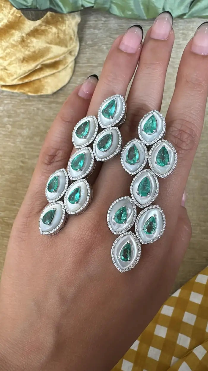 18k White Gold Handmade Chandelier Earring - Natural Colombian Emerald & Mother of Pearl Earrings