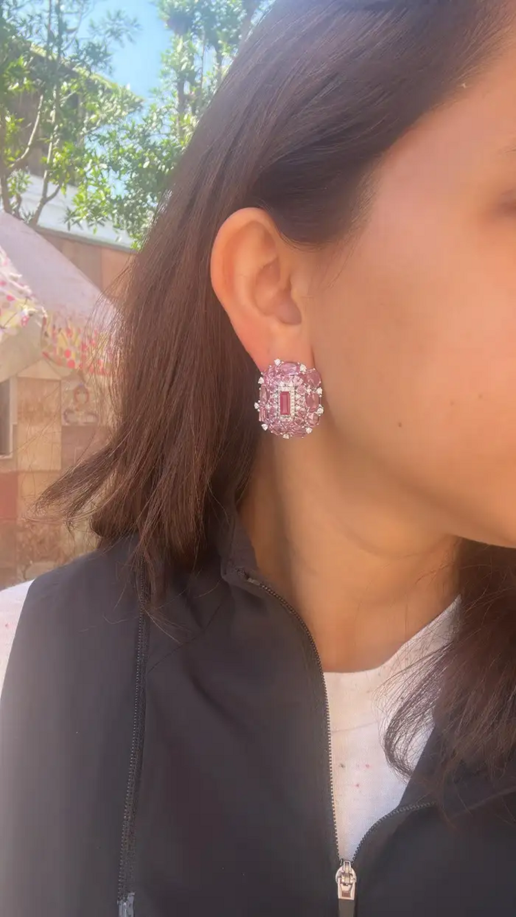 Natural Mozambique Ruby & Ceylon Pink Sapphire Stud Earrings - 18k White Gold Diamond Earrings
