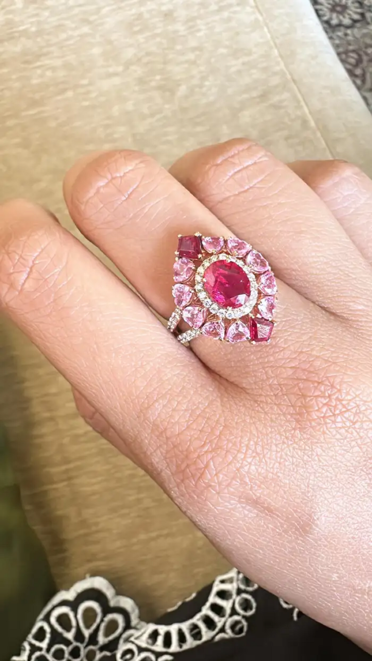 18K Yellow Gold, natural Mozambique Ruby, Pink Sapphire & Diamonds Cocktail Ring