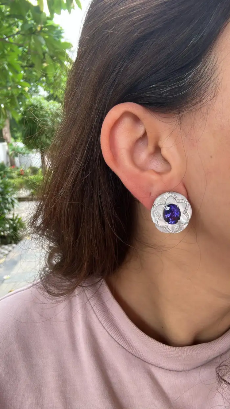 Natural Tanzanite & Mother Of Pearl Stud Earrings - 18k White Gold Diamond Earrings