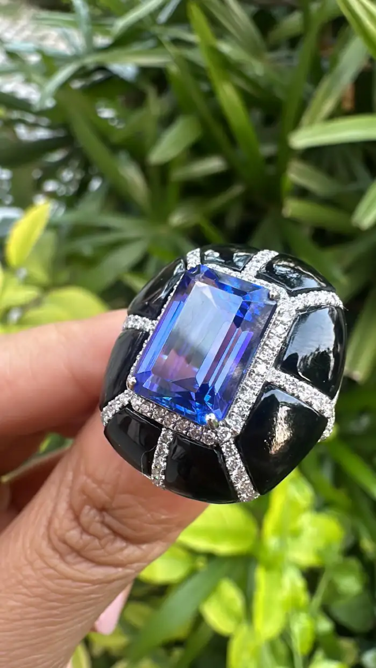 18k Gold Diamond Ring - Natural 7.33 Ct. Tanzanite & Black Onyx Ring - Handmade White Gold Ring