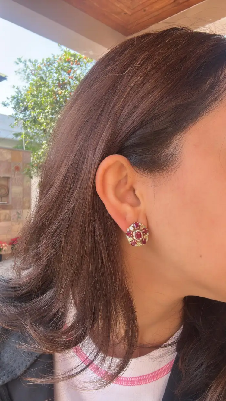 Mozambique Ruby & Yellow Diamond Stud Earrings - 18k Yellow Gold Diamond Stud Earrings