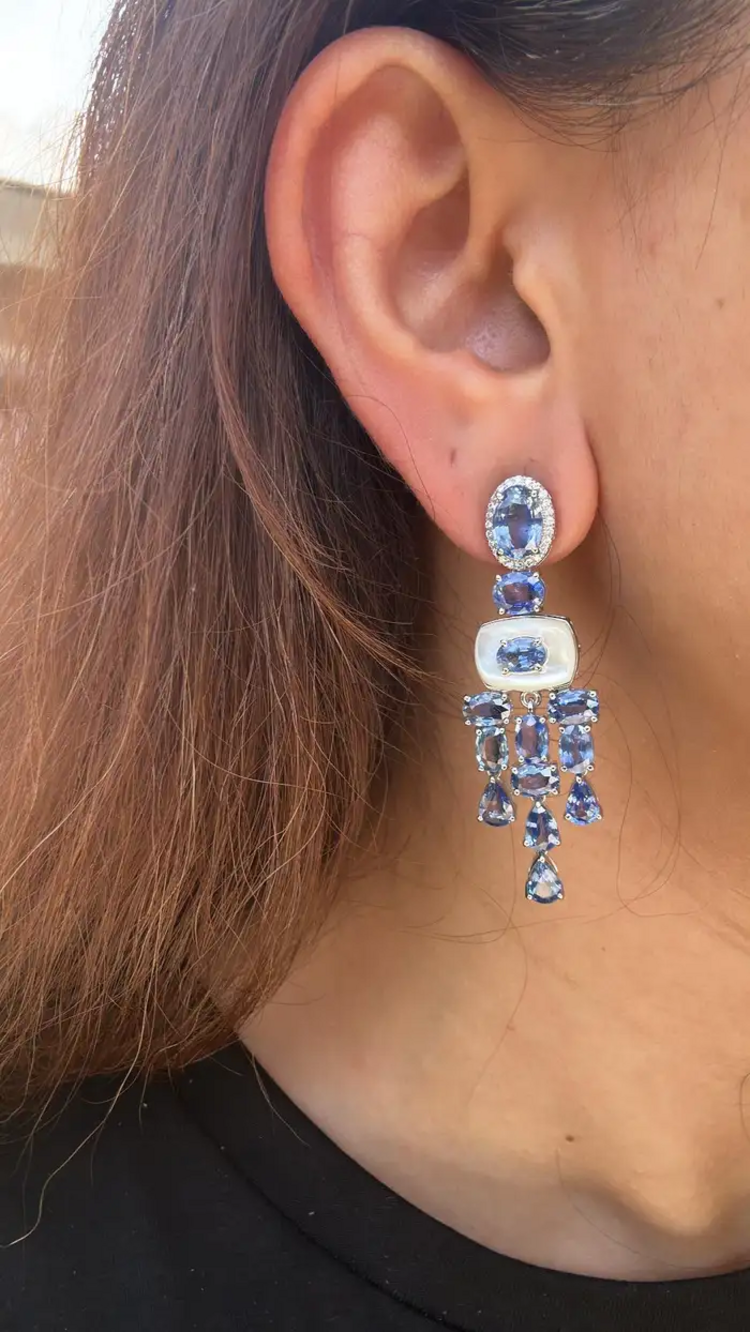18k White Gold Diamond Handmade Earrings - Natural Blue Sapphire & Mother Of Pearl Chandelier Earrings
