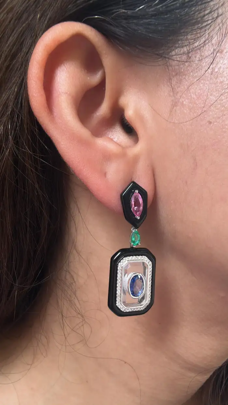 18k White Gold Diamond Dangle Earrings - Natural Emerald, Sapphire, Black Onyx & Crystal Earrings