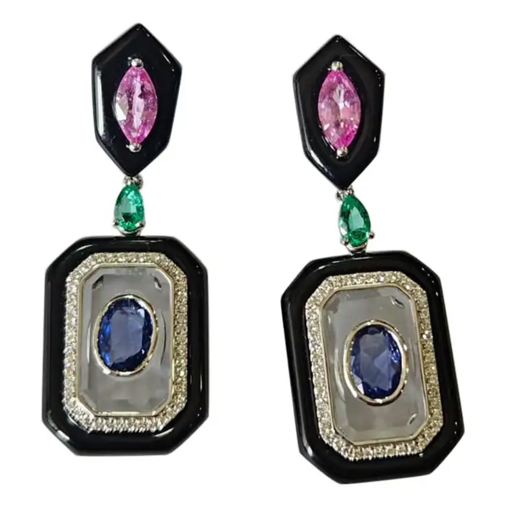 18k White Gold Diamond Dangle Earrings - Natural Emerald, Sapphire, Black Onyx & Crystal Earrings