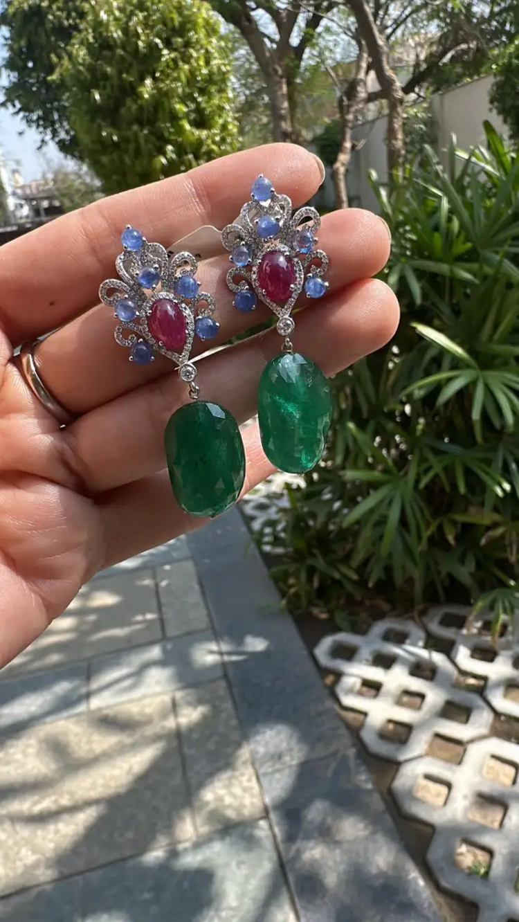 18k White Gold Diamond Dangle Earrings - Natural Blue Sapphire, Mozambique Ruby & Zambian Emerald Tumble Earrings