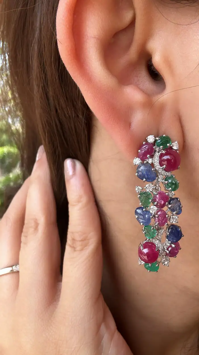 18k White Gold Diamond Dangle Earrings - Natural Mozambique Ruby, Zambian Emerald & Carved Blue Sapphire Earrings