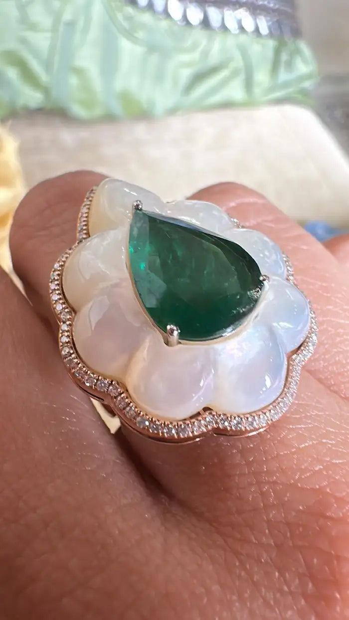 Natural Zambian Emerald & Mother of Pearl Cocktail Ring - 18k Yellow Gold Diamond Wedding Ring