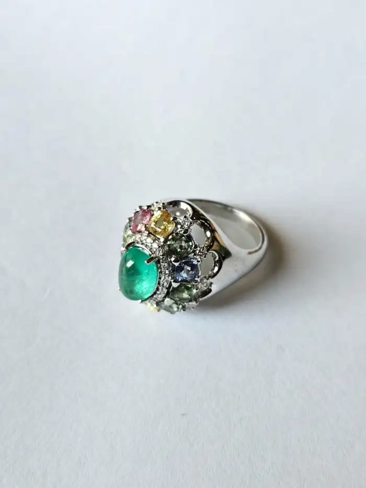 18k White Gold Handmade Diamond Ring - Natural Multi Sapphire, Colombian Emerald Dome Ring
