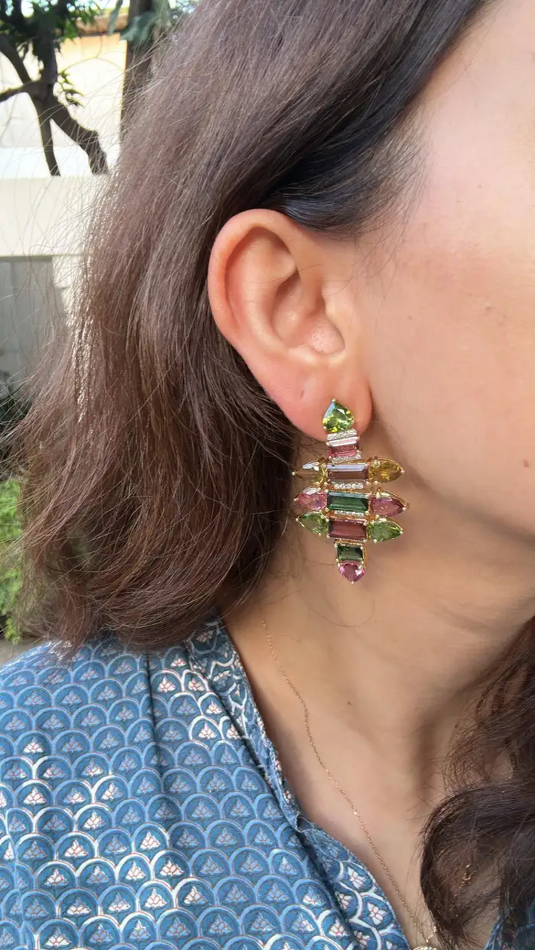 18k Yellow Gold Diamond Earrings - Natural Tourmaline Gemstone Chandelier Earrings