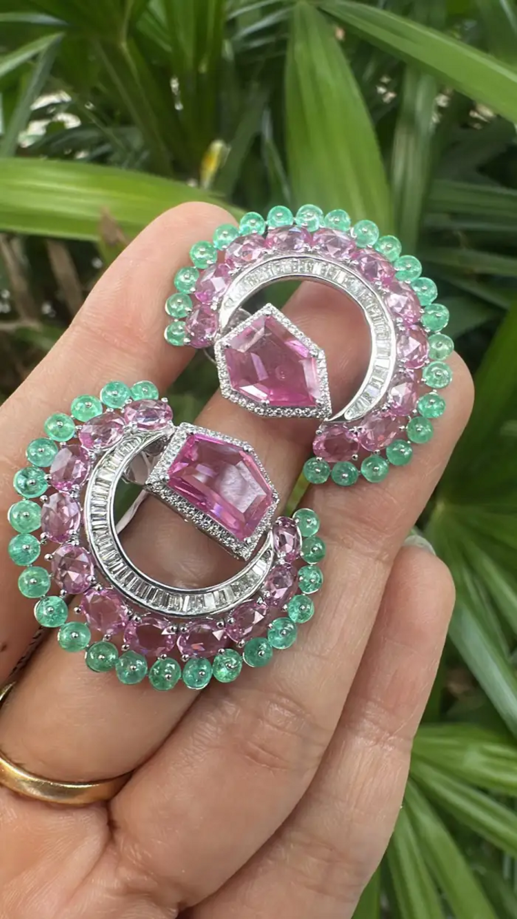 11.33 Ct. Pink Sapphire & Emerald Gemstone Stud Earrings - 18k White Gold Diamond Earrings