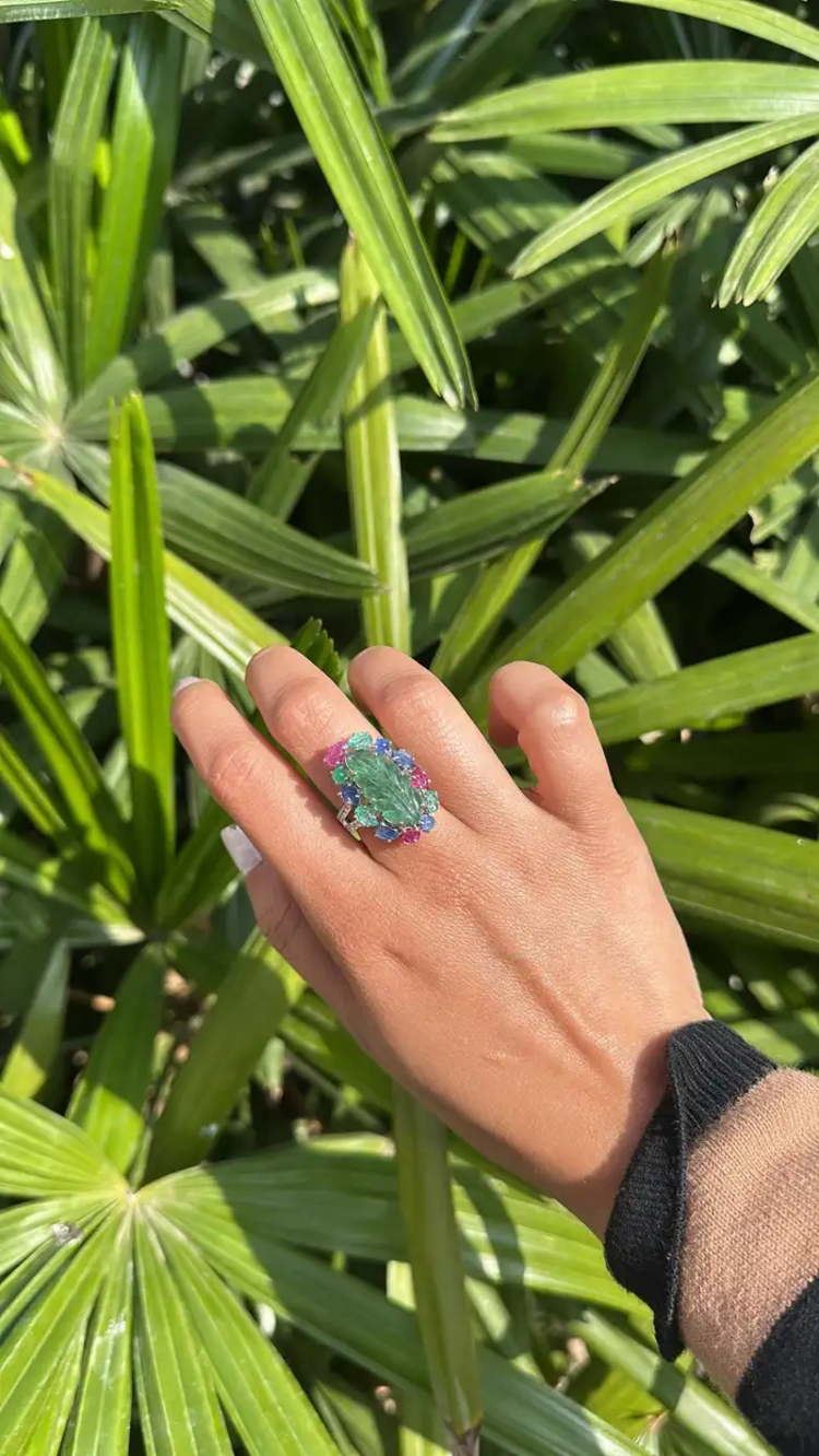 18k White Gold Handmade Cocktail Ring - Natural Emerald, Blue Sapphires, Ruby & Diamonds Cocktail Ring