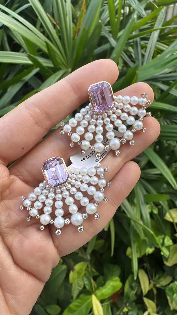 18k Rose Gold Handmade Diamond Stud Earrings - Natural Kunzite & Freshwater Pearls Designer Stud Earrings
