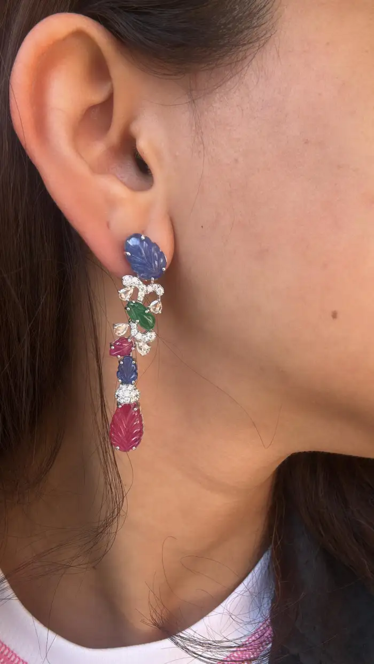 Natural Blue Sapphires, Emeralds, Rubies & Diamonds Chandelier Earrings - 18k White Gold Earrings