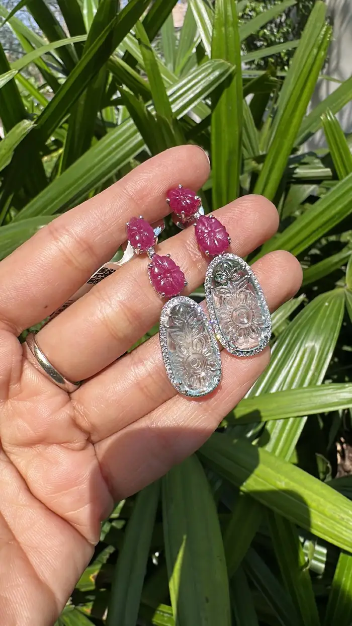 Natural Mozambique Ruby & Aquamarine Gemstone Dangle Earrings - 18k White Gold Diamond Earrings