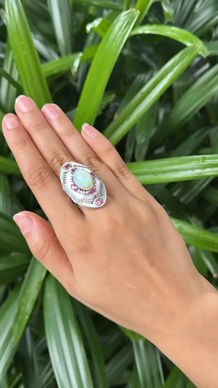 Ethiopian Opal, Mother Of Pearl & Pink Sapphire Cocktail Ring - 18k White Gold Diamond Statement Ring