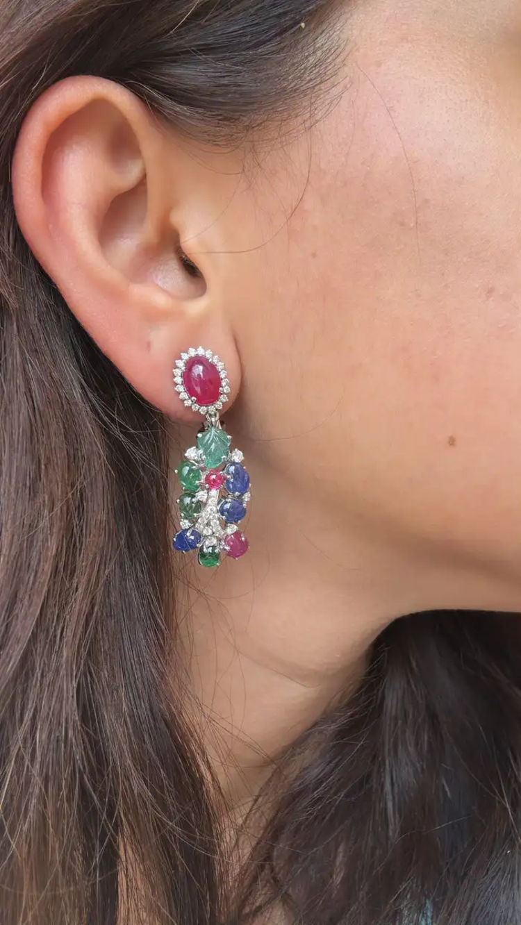 18k White Gold Diamond Dangle Earrings - Natural Ruby, Carved Emerald & Blue Sapphire Earrings