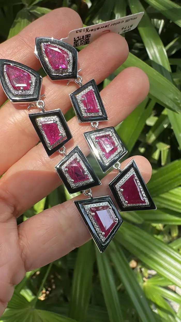 18k White Gold Diamond Dangle Women Earrings - Natural Mozambique Ruby & Black Onyx Statement Earrings